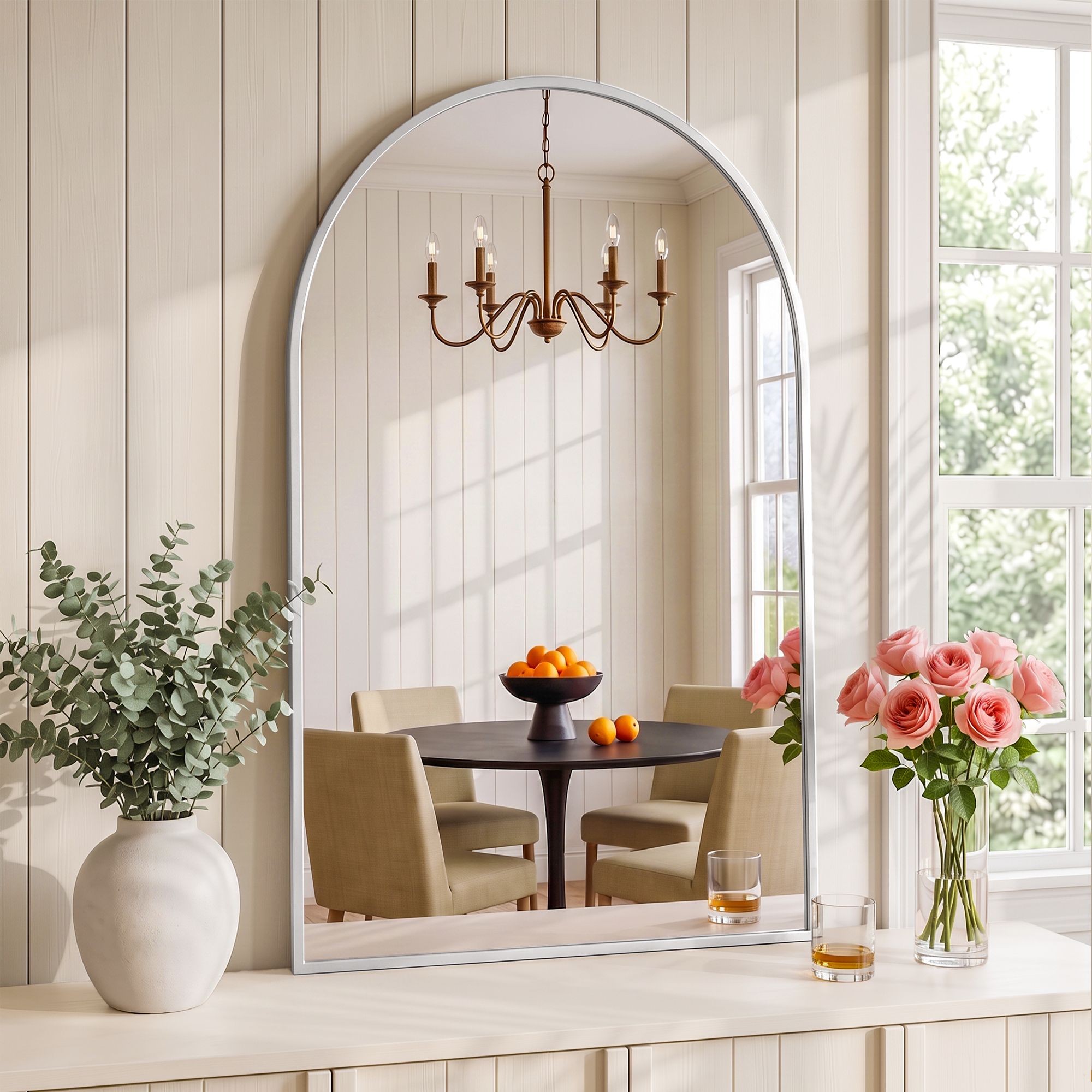 Arch Wall Mirror, Decorative Silver Frame Mirrors, 86x50cm Bathroom Vanity Mirror, Slim Frame for Living Room Entryway Bedroom Decor
