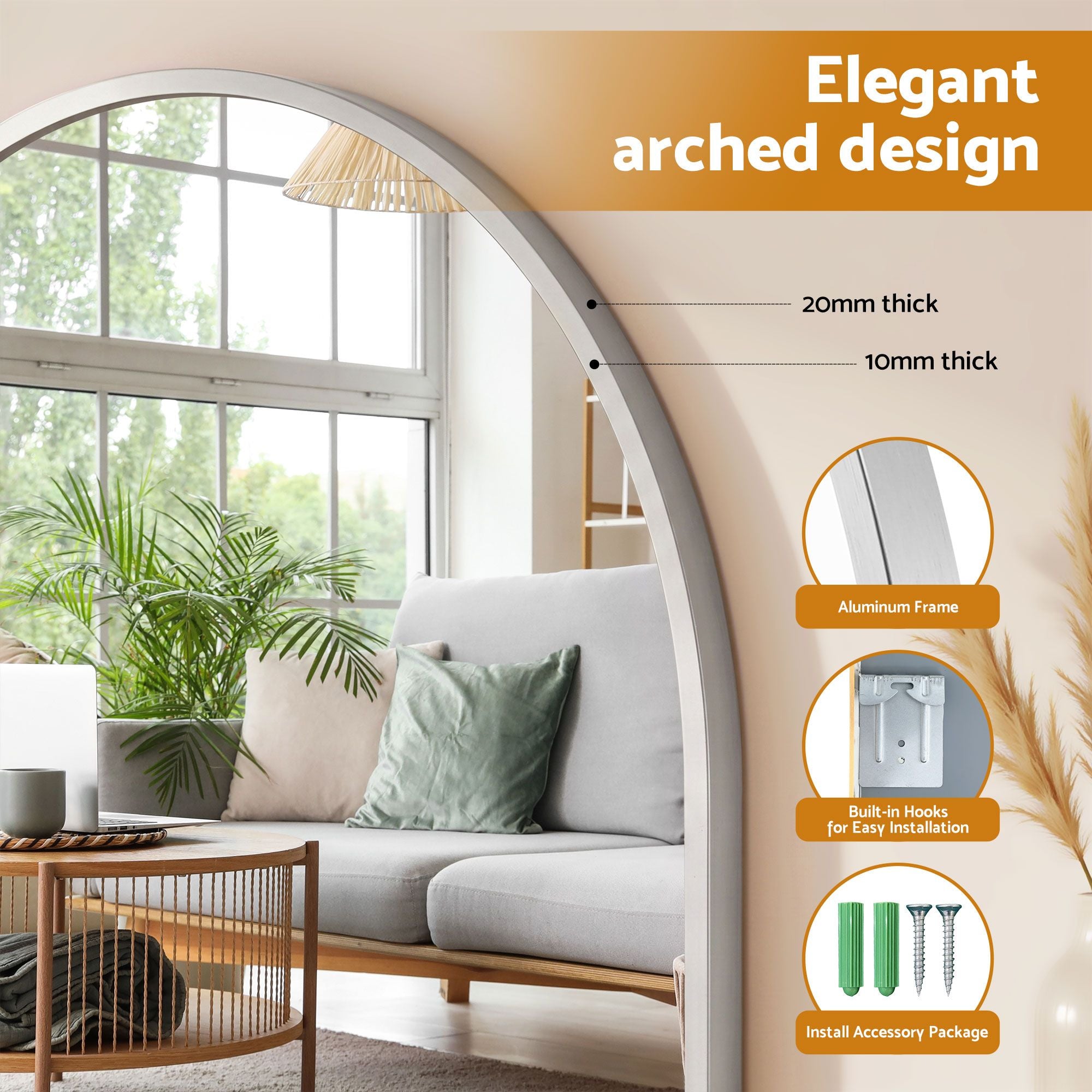 Arch Wall Mirror, Decorative Silver Frame Mirrors, 86x81cm Bathroom Vanity Mirror, Slim Frame for Living Room Entryway Bedroom Decor