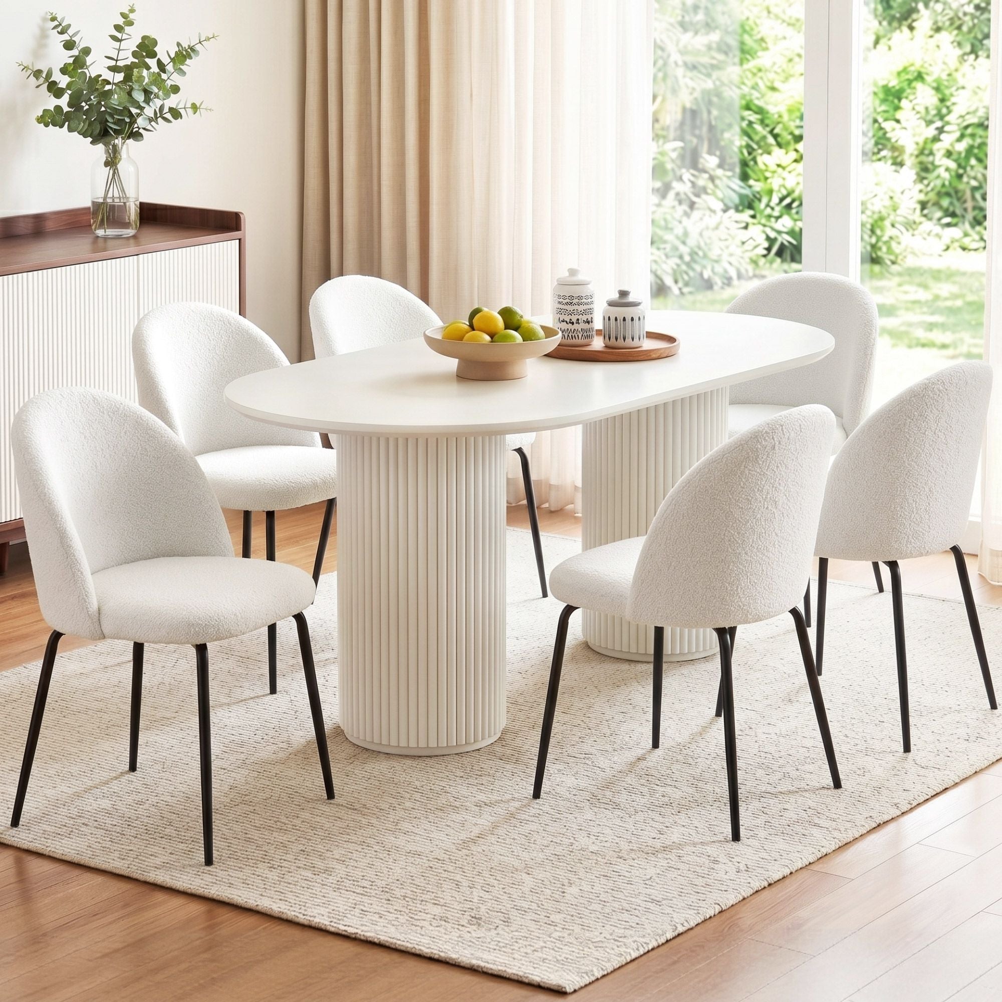 Dining Chairs Set of 6 Sherpa Boucle White