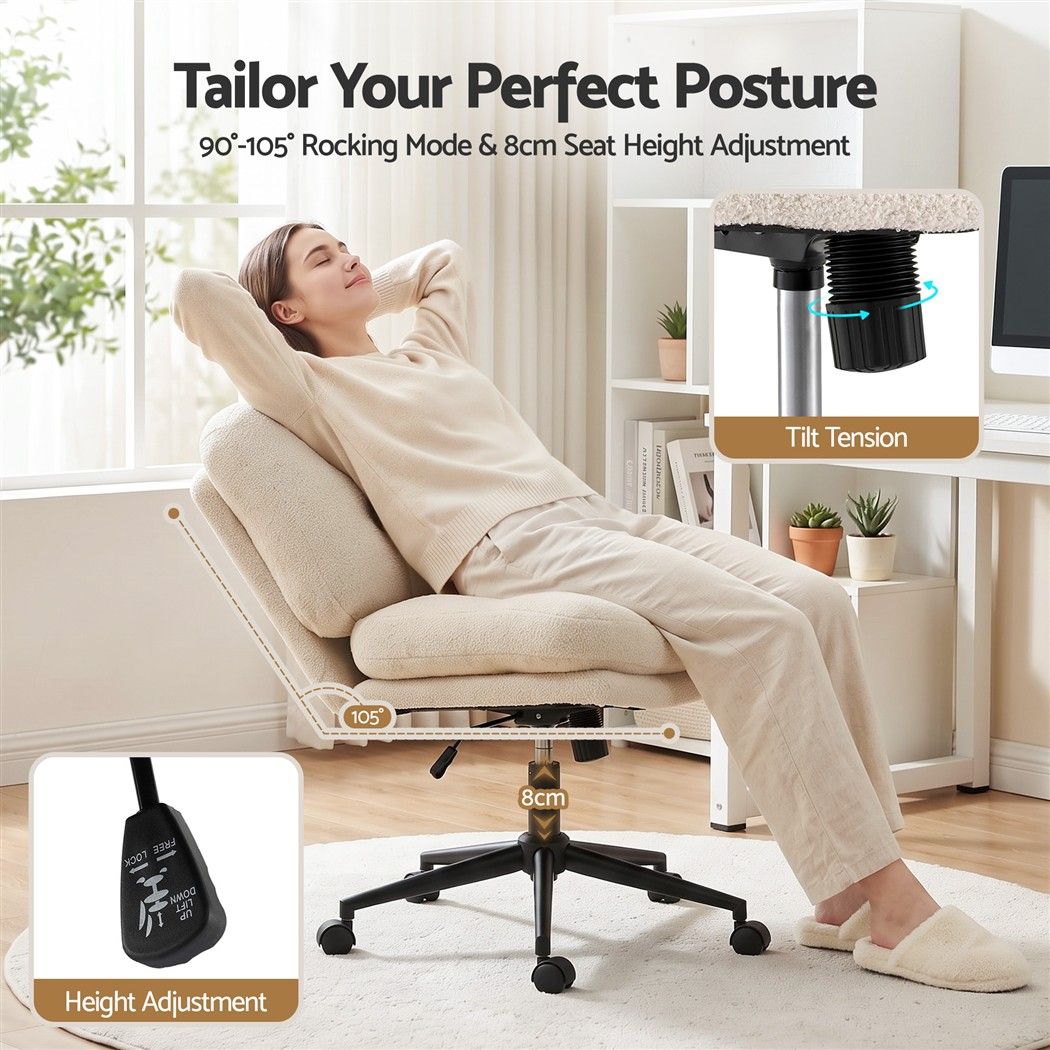 Criss Cross Wide Seat Office Desk Chair with Bouclé Fabric and Adjustable Height - Beige