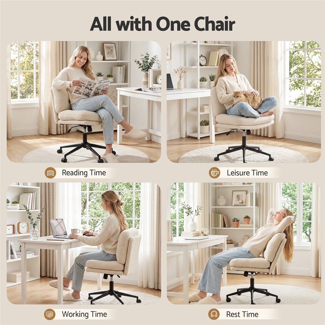 Criss Cross Wide Seat Office Desk Chair with Bouclé Fabric and Adjustable Height - Beige