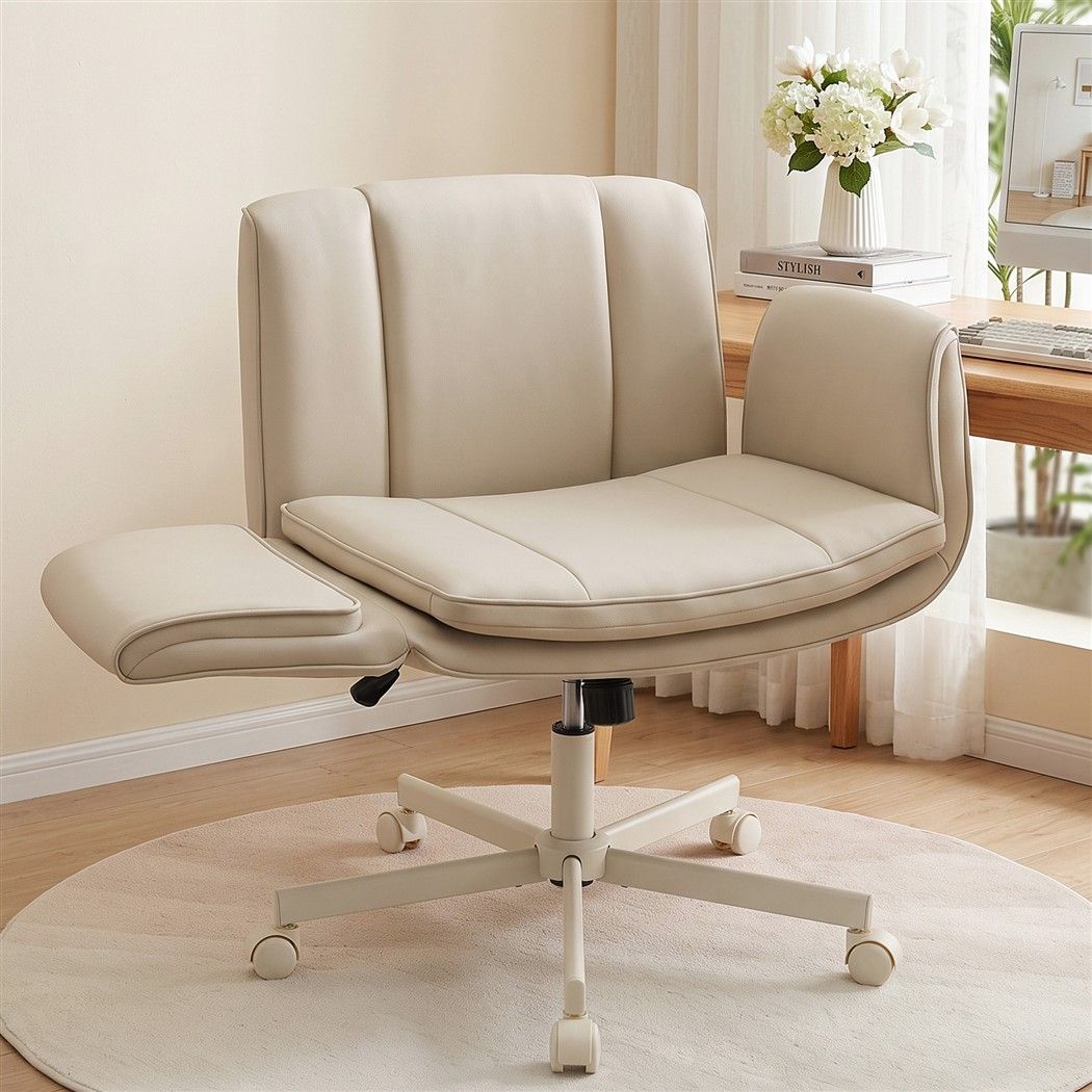 Cross Legged Office Chair with Adjustable Arms and Wide PU Leather Seat - Beige