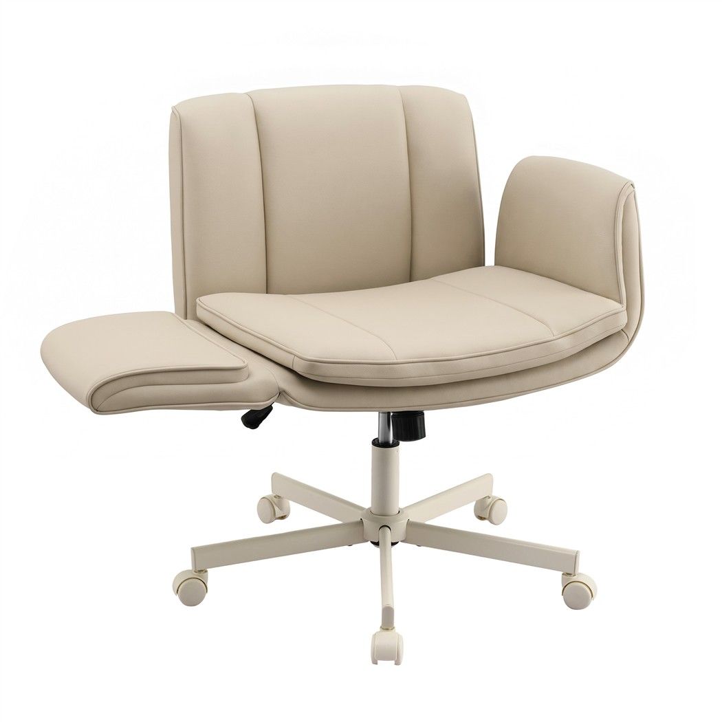 Cross Legged Office Chair with Adjustable Arms and Wide PU Leather Seat - Beige