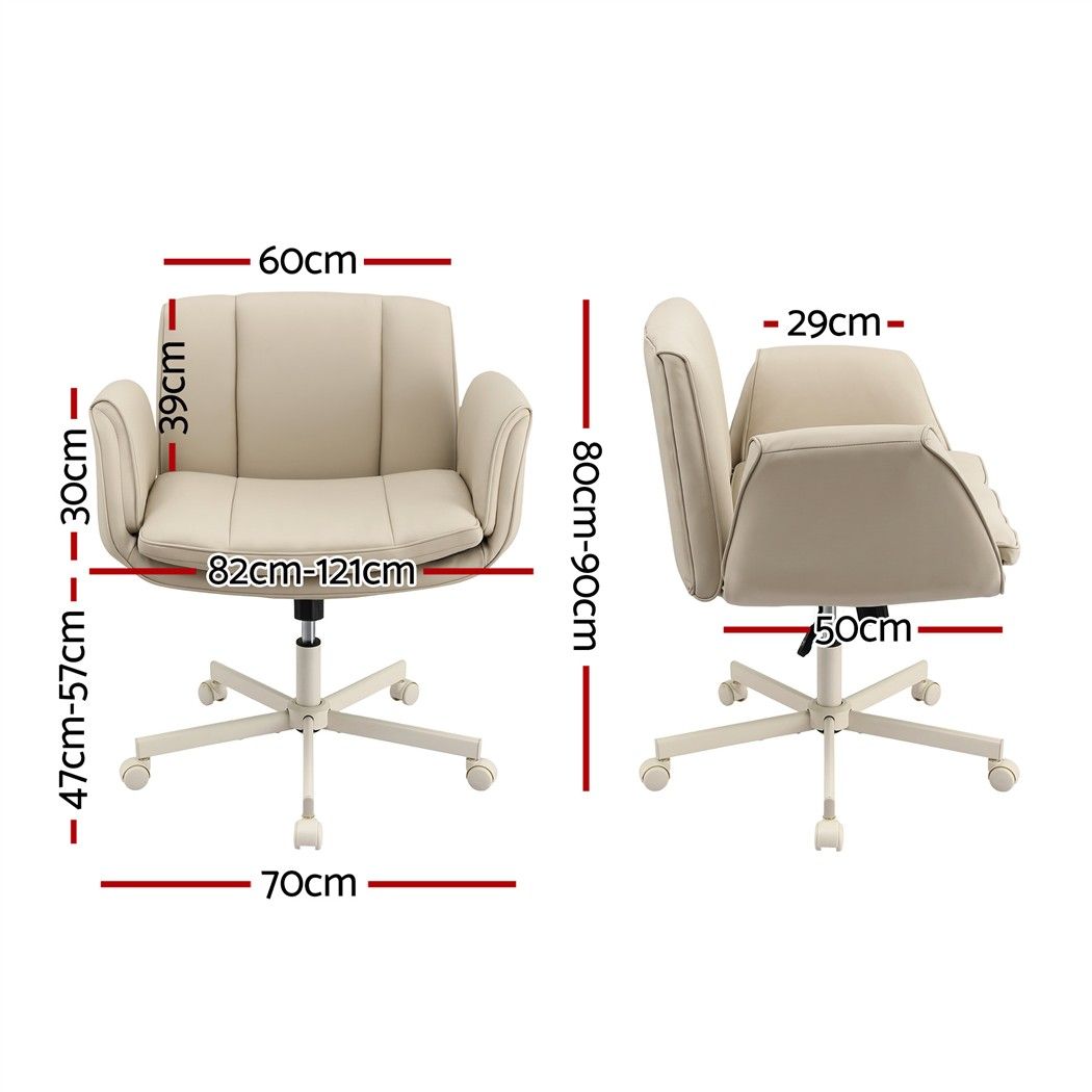 Cross Legged Office Chair with Adjustable Arms and Wide PU Leather Seat - Beige