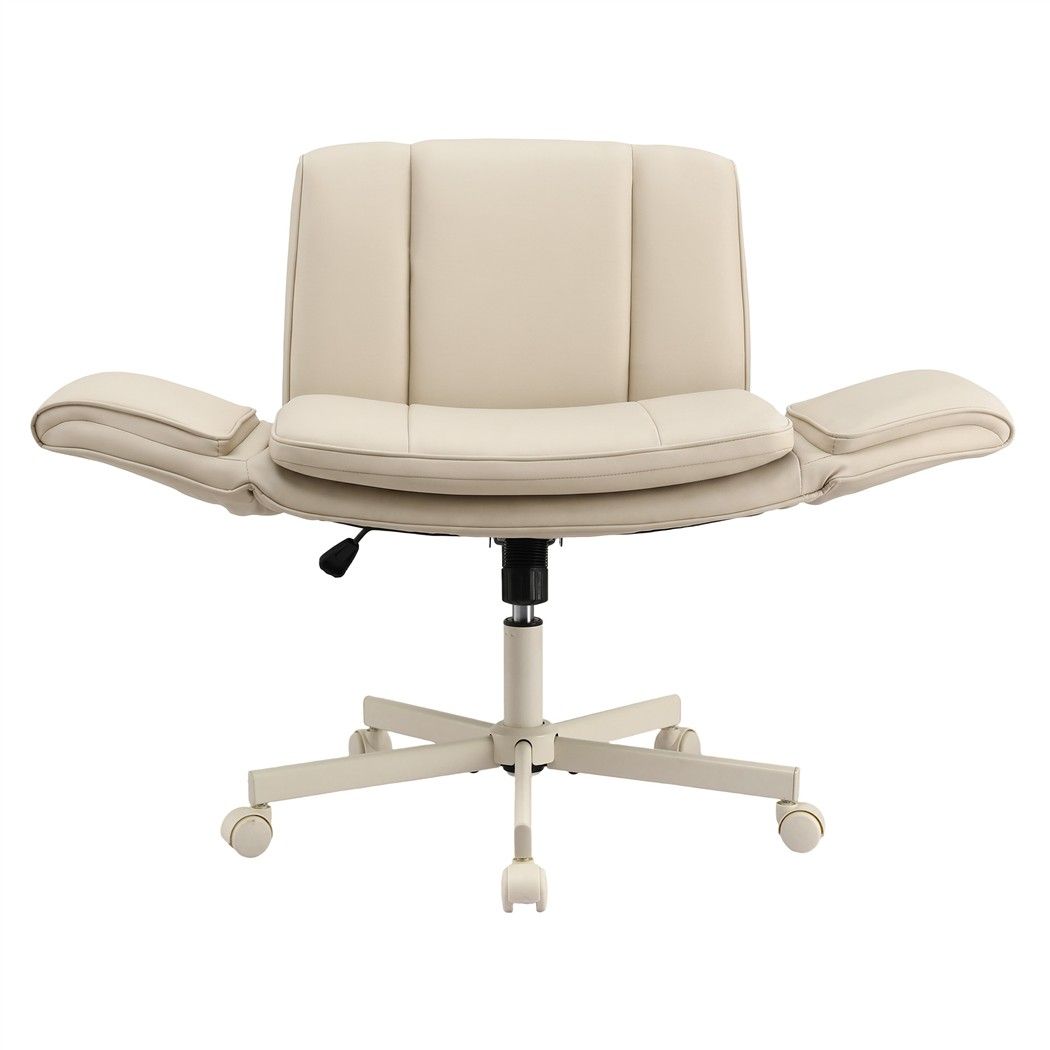 Cross Legged Office Chair with Adjustable Arms and Wide PU Leather Seat - Beige