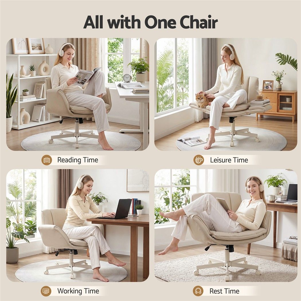 Cross Legged Office Chair with Adjustable Arms and Wide PU Leather Seat - Beige