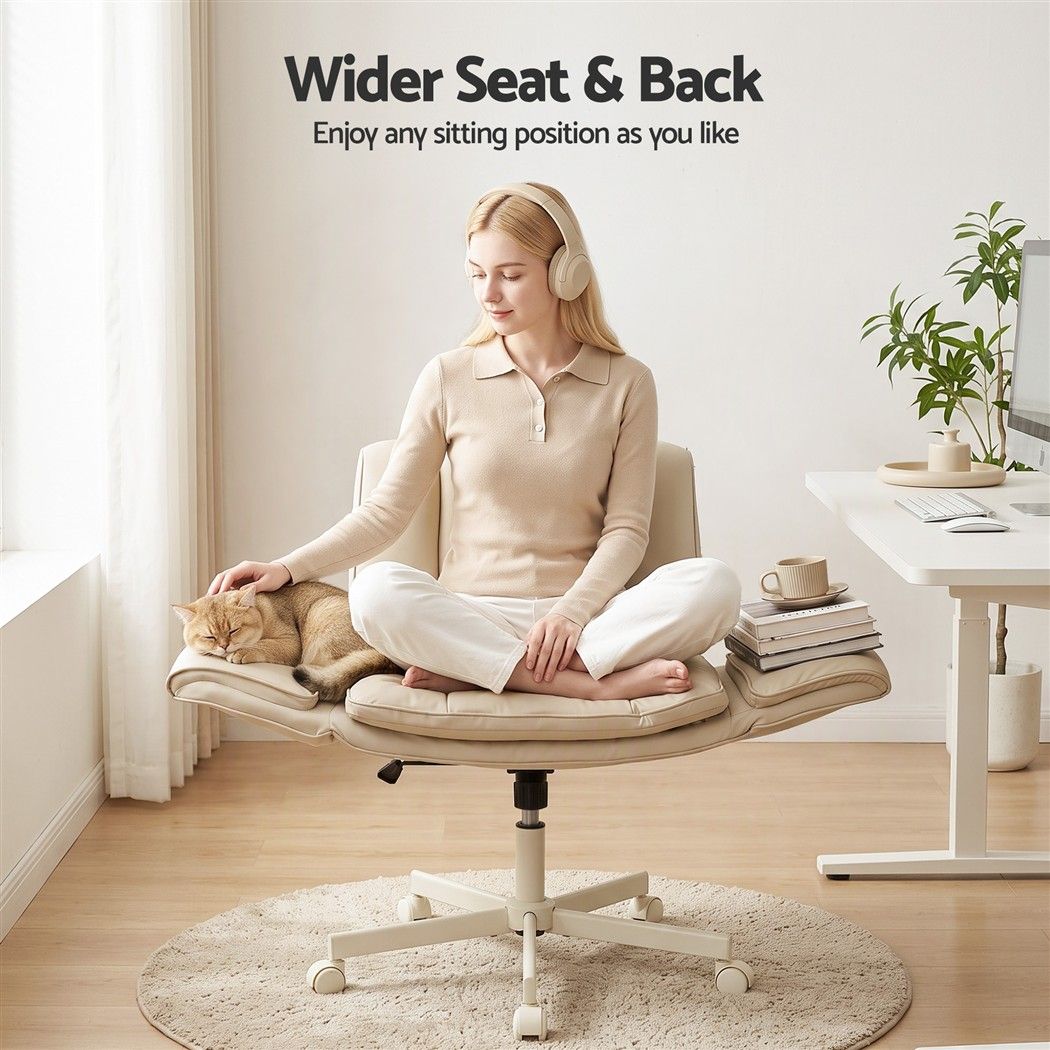 Cross Legged Office Chair with Adjustable Arms and Wide PU Leather Seat - Beige
