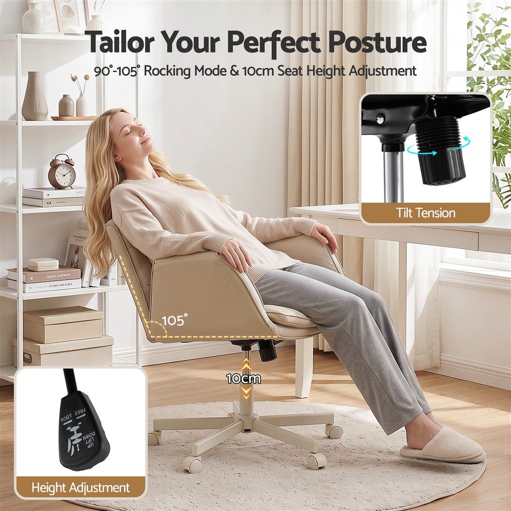 Cross Legged Office Chair with Adjustable Arms and Wide PU Leather Seat - Beige