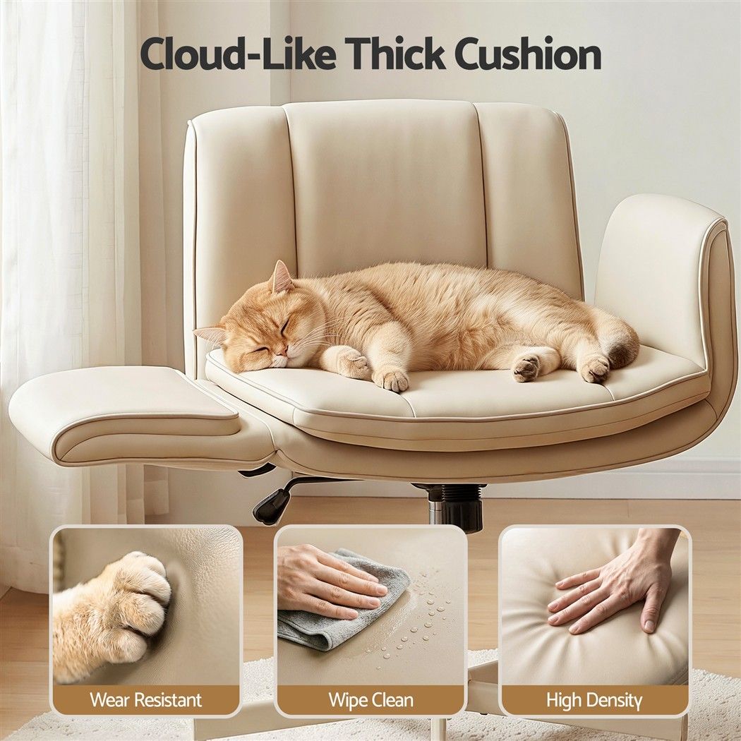 Cross Legged Office Chair with Adjustable Arms and Wide PU Leather Seat - Beige