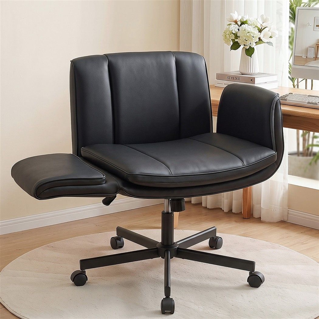 Cross Legged Office Chair with Wide Seat, Adjustable Arms & PU Leather Swivel - Black