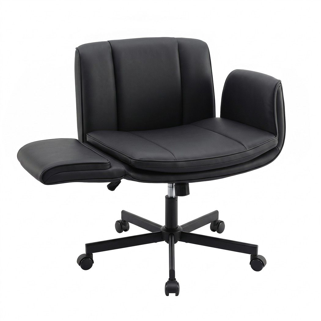 Cross Legged Office Chair with Wide Seat, Adjustable Arms & PU Leather Swivel - Black