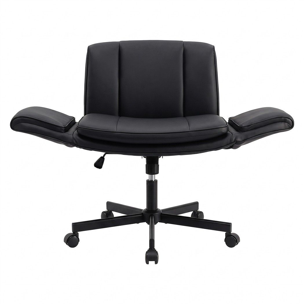 Cross Legged Office Chair with Wide Seat, Adjustable Arms & PU Leather Swivel - Black