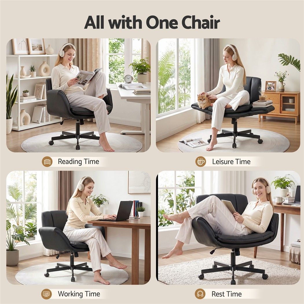 Cross Legged Office Chair with Wide Seat, Adjustable Arms & PU Leather Swivel - Black