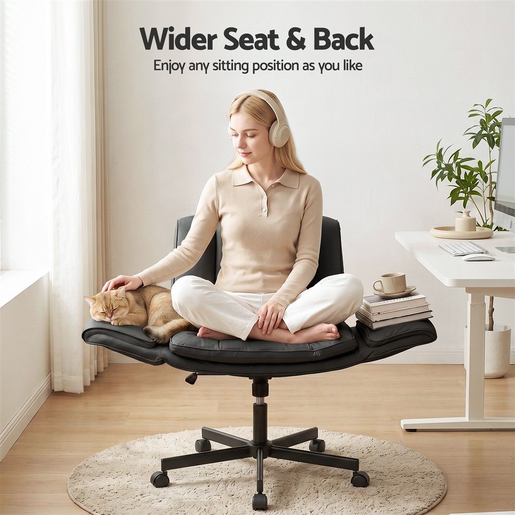 Cross Legged Office Chair with Wide Seat, Adjustable Arms & PU Leather Swivel - Black