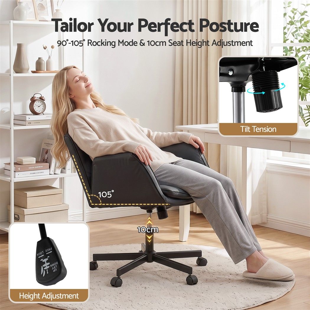Cross Legged Office Chair with Wide Seat, Adjustable Arms & PU Leather Swivel - Black