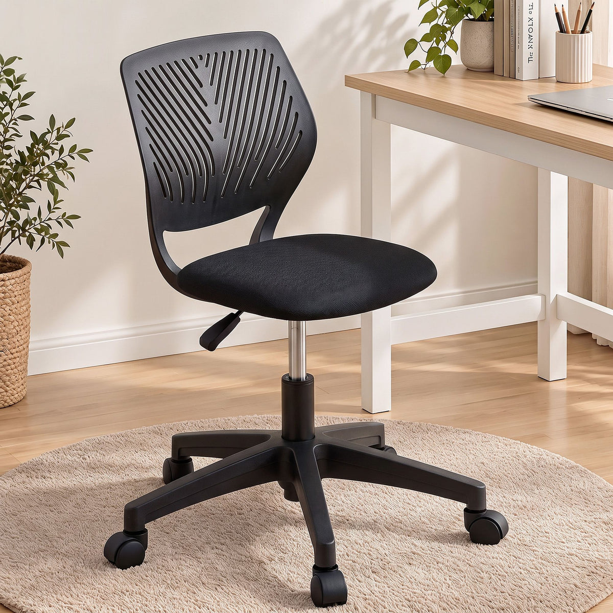 Ergonomic Armless Office Study Chair Height Adjustable for Teens - Black