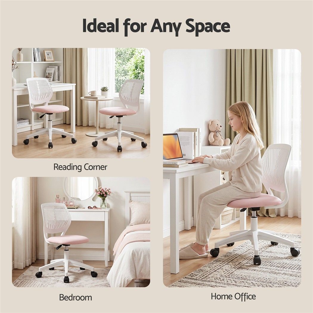 Ergonomic Armless Office Study Chair Height Adjustable for Teens - Pink