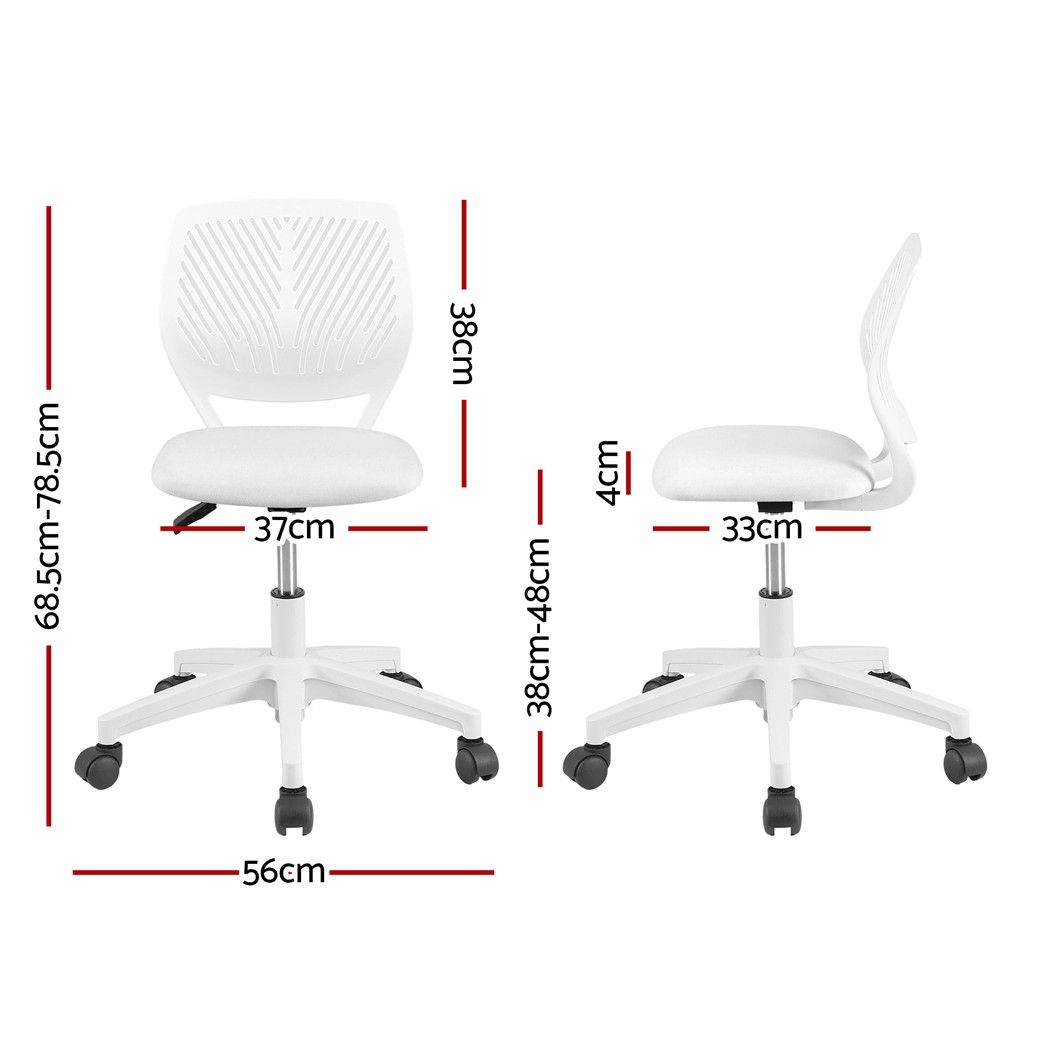 Ergonomic Armless Office Study Chair Height Adjustable for Teens - White