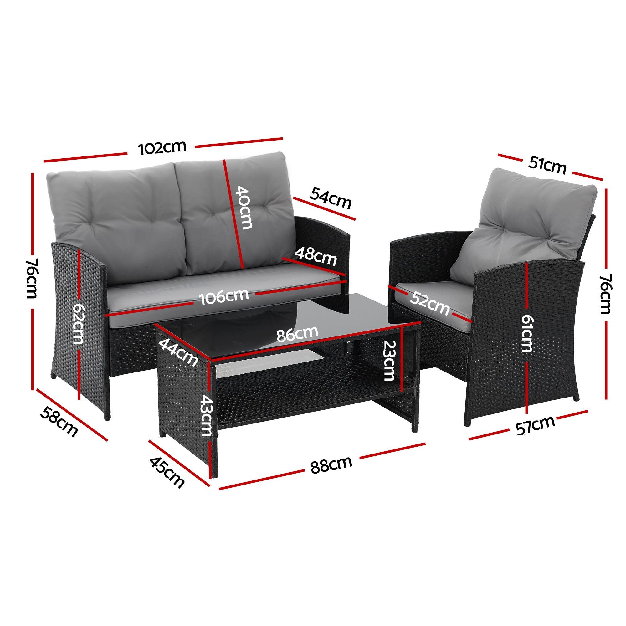 4-Piece Outdoor Rattan Sofa Set with Coffee Table and Chairs - Black