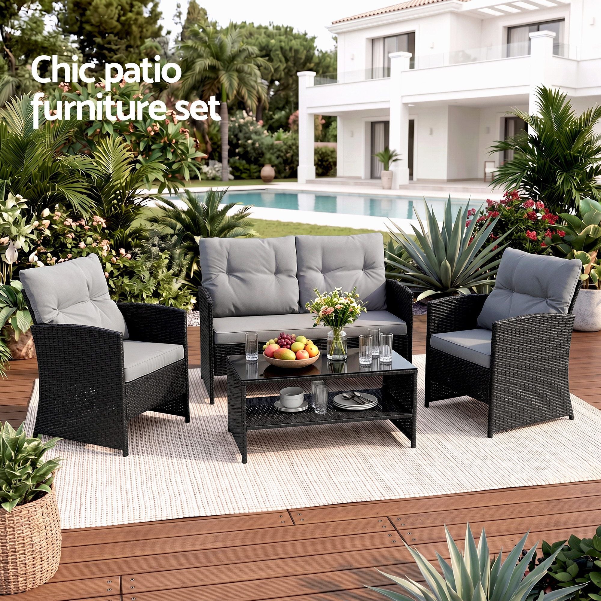 4-Piece Outdoor Rattan Sofa Set with Coffee Table and Chairs - Black