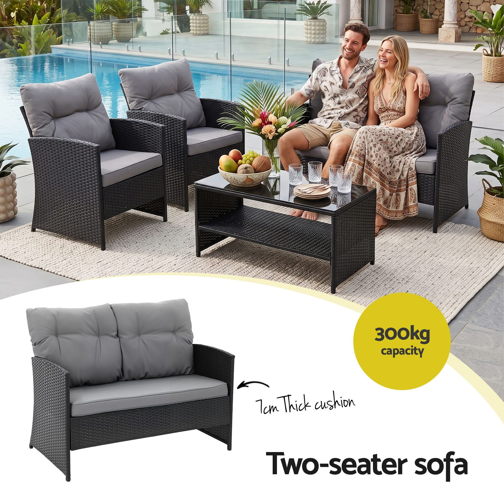 4-Piece Outdoor Rattan Sofa Set with Coffee Table and Chairs - Black