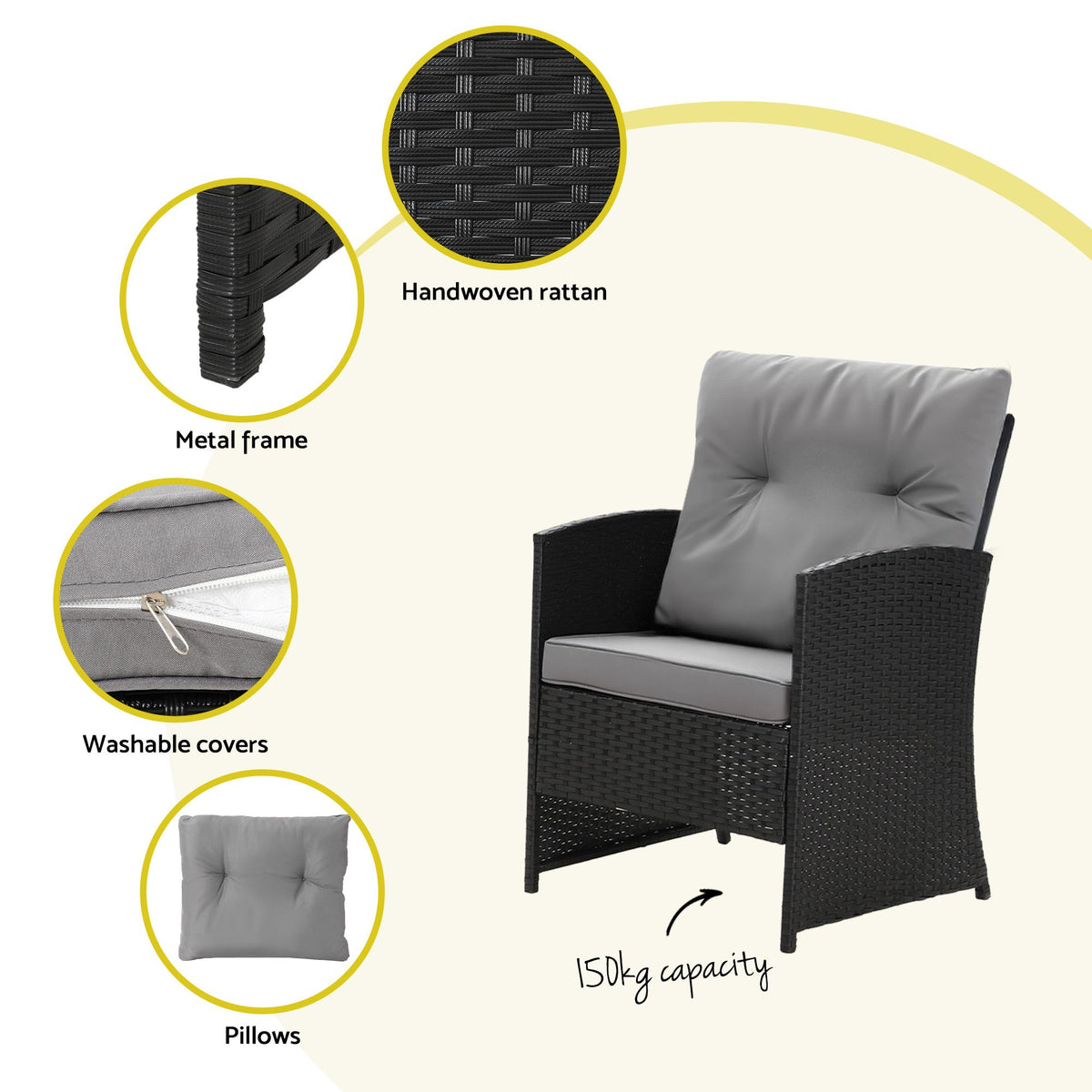 4-Piece Outdoor Rattan Sofa Set with Coffee Table and Chairs - Black