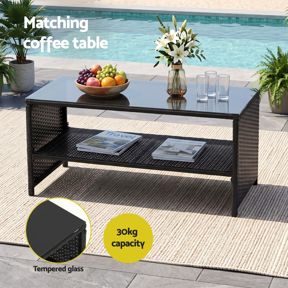 4-Piece Outdoor Rattan Sofa Set with Coffee Table and Chairs - Black