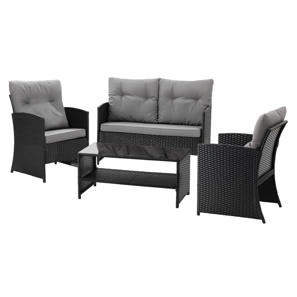 4-Piece Outdoor Rattan Sofa Set with Coffee Table and Chairs - Black