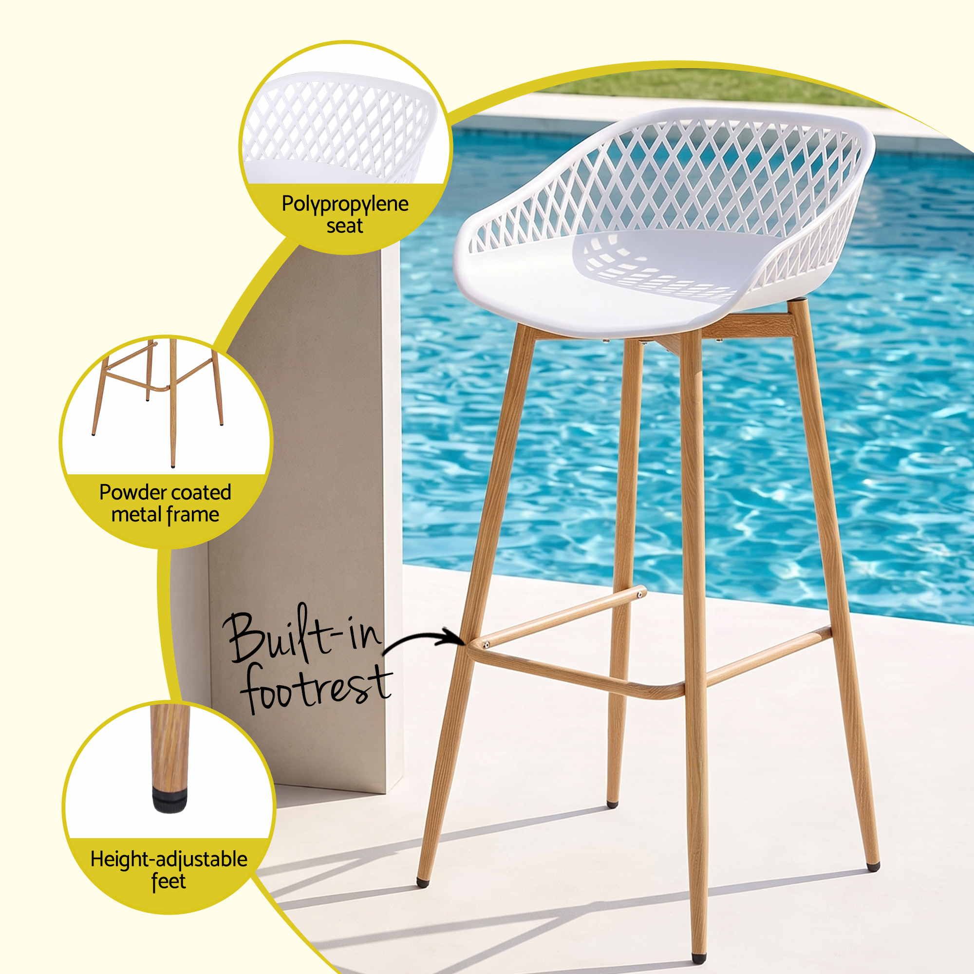 2PC Outdoor Bar Stools Plastic Metal Dining Chair Patio Furniture White