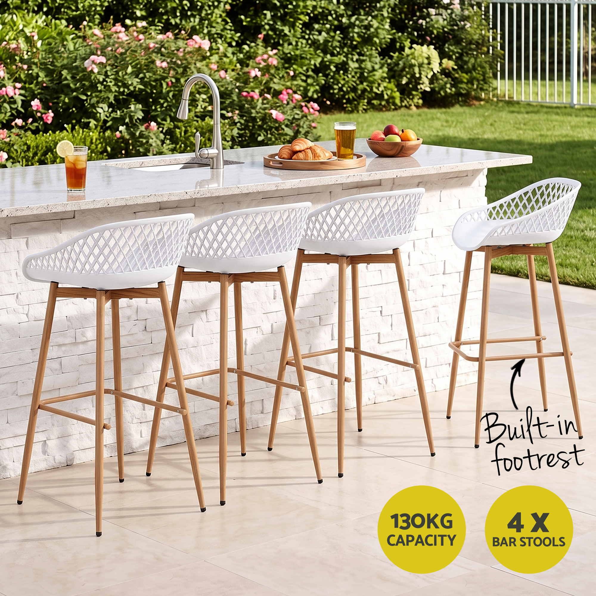 4-Piece Outdoor Bar Stools Plastic Metal Dining Chair Balcony White