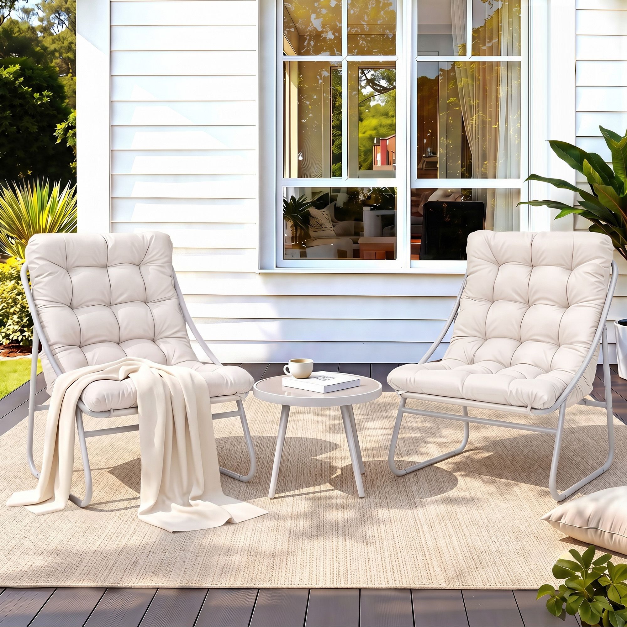 3PC Outdoor Bistro Set Steel Table and Chairs with Polyester Cushions - Khaki