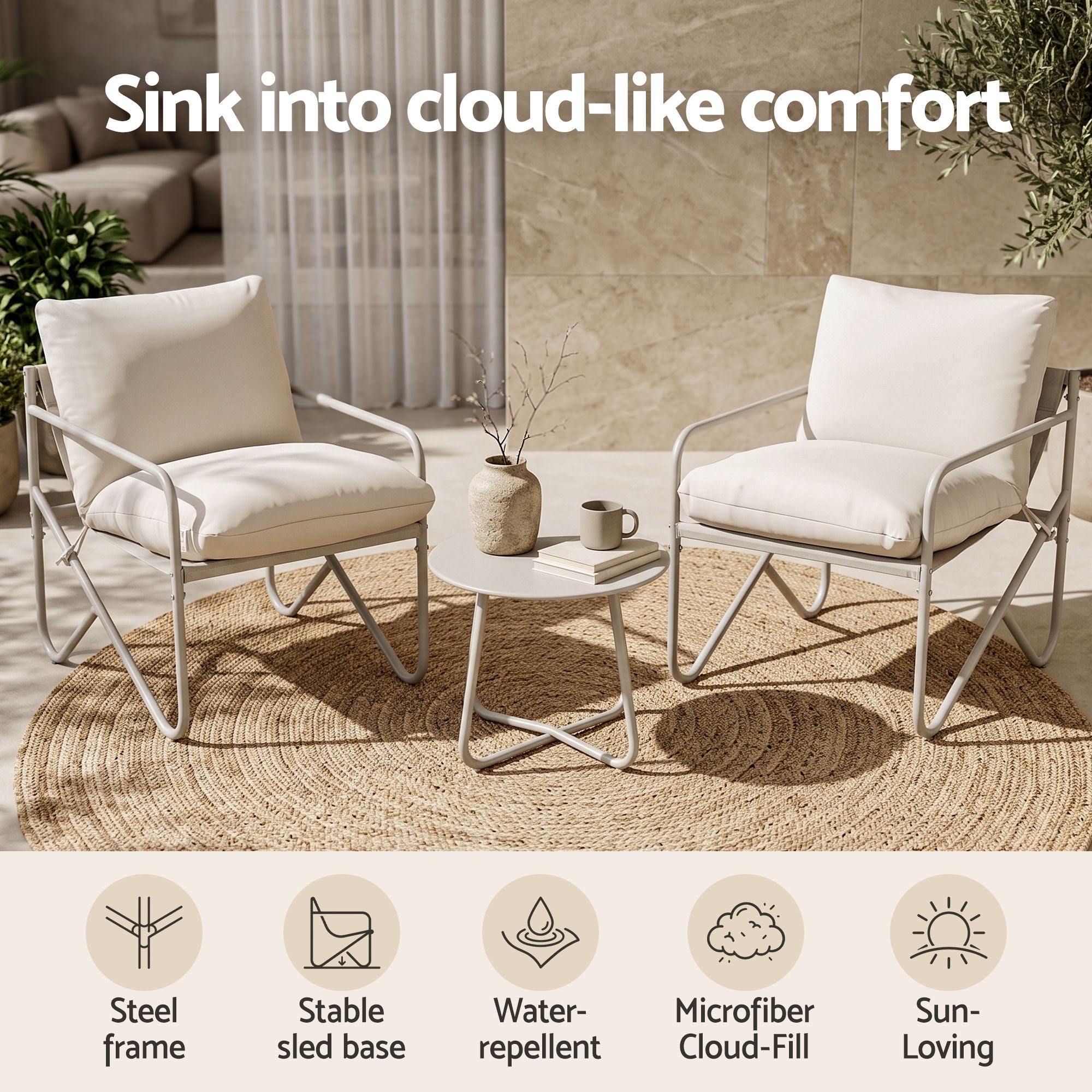Outdoor 3 Piece Bistro Set with Conversation Table and Chairs - Khaki