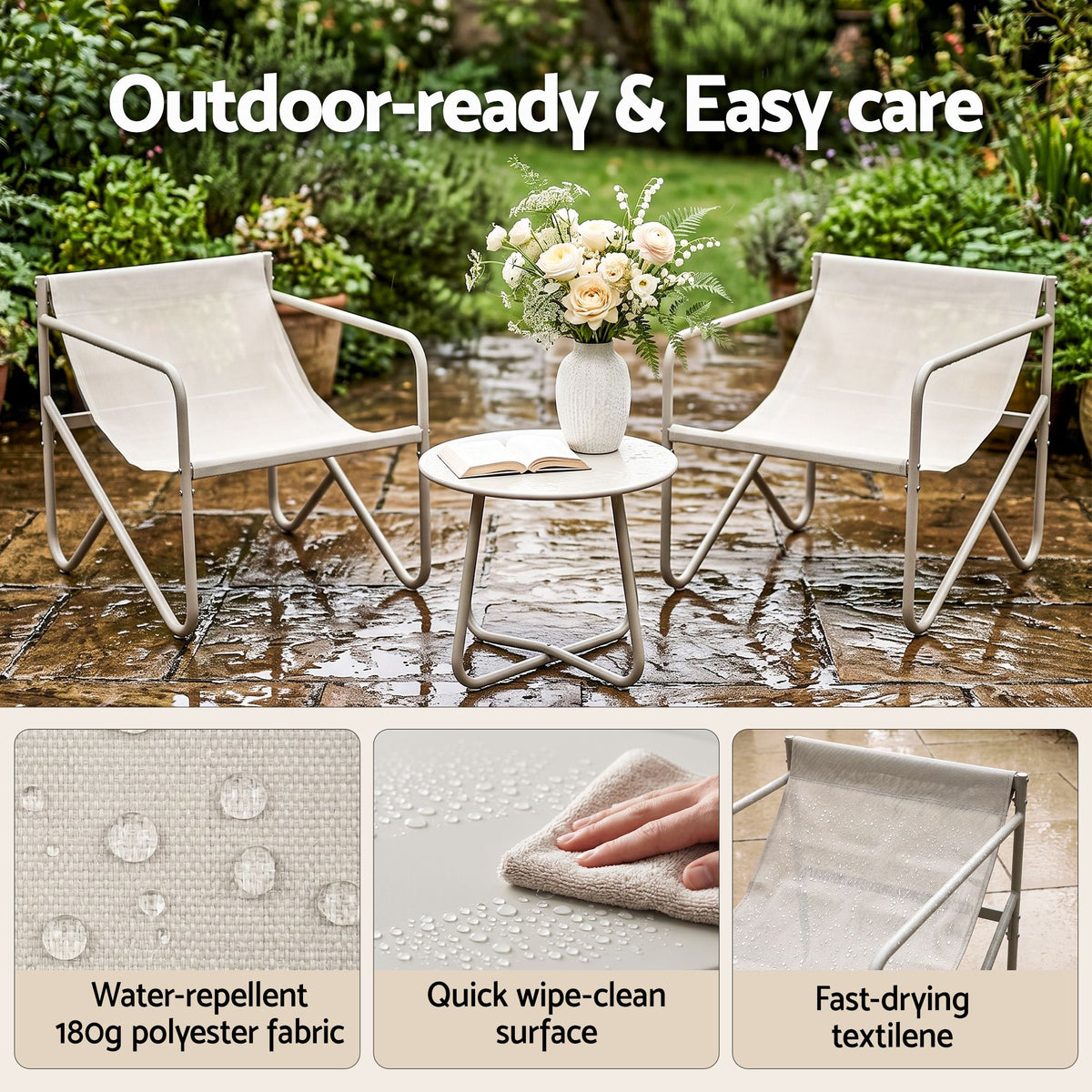 Outdoor 3 Piece Bistro Set with Conversation Table and Chairs - Khaki