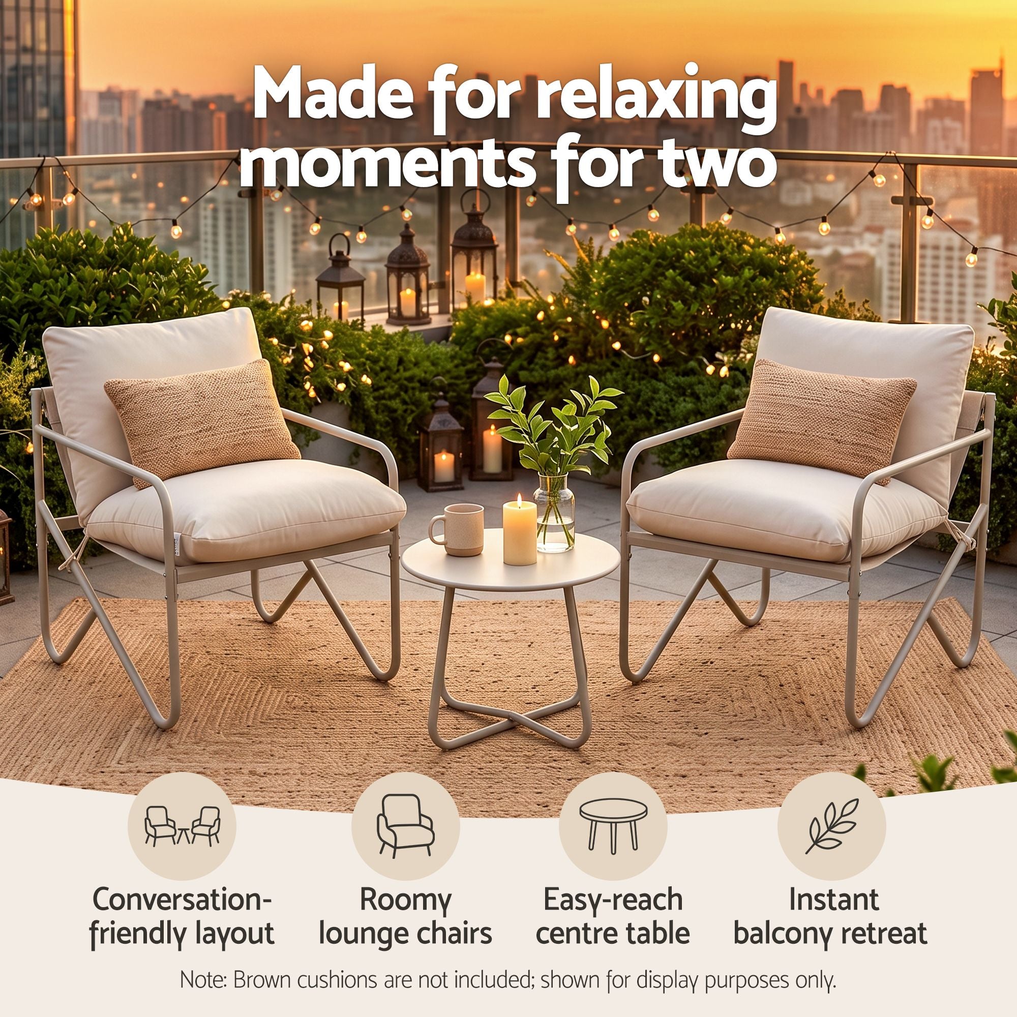 Outdoor 3 Piece Bistro Set with Conversation Table and Chairs - Khaki