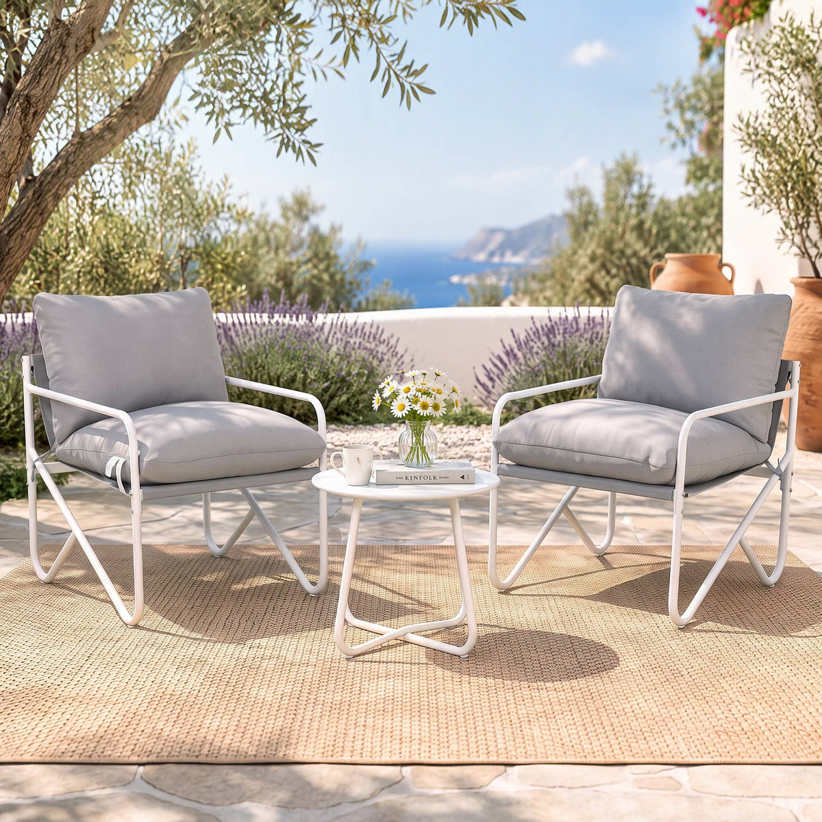 Outdoor 3 Piece Bistro Patio Set with Conversation Table and Chairs - Grey