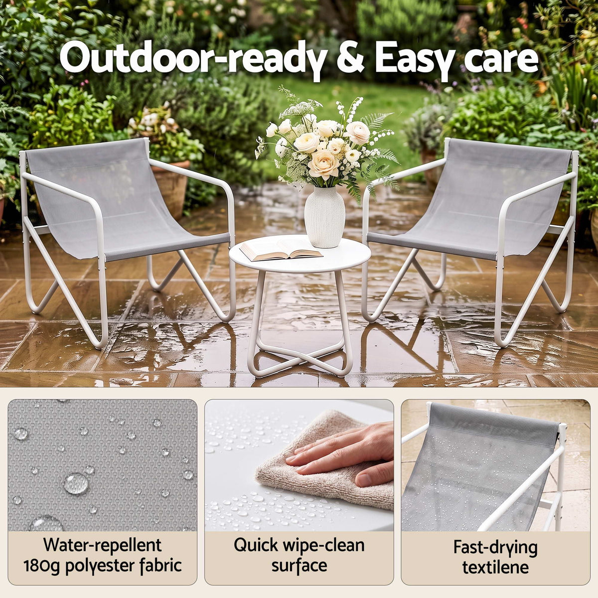 Outdoor 3 Piece Bistro Patio Set with Conversation Table and Chairs - Grey