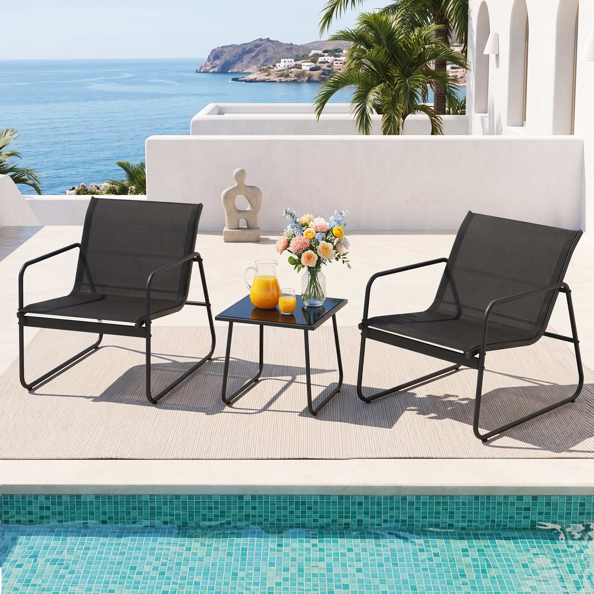 Gardeon Outdoor Bistro Set 3 Piece Patio Furniture with Textilene Chairs and Glass Table - Black