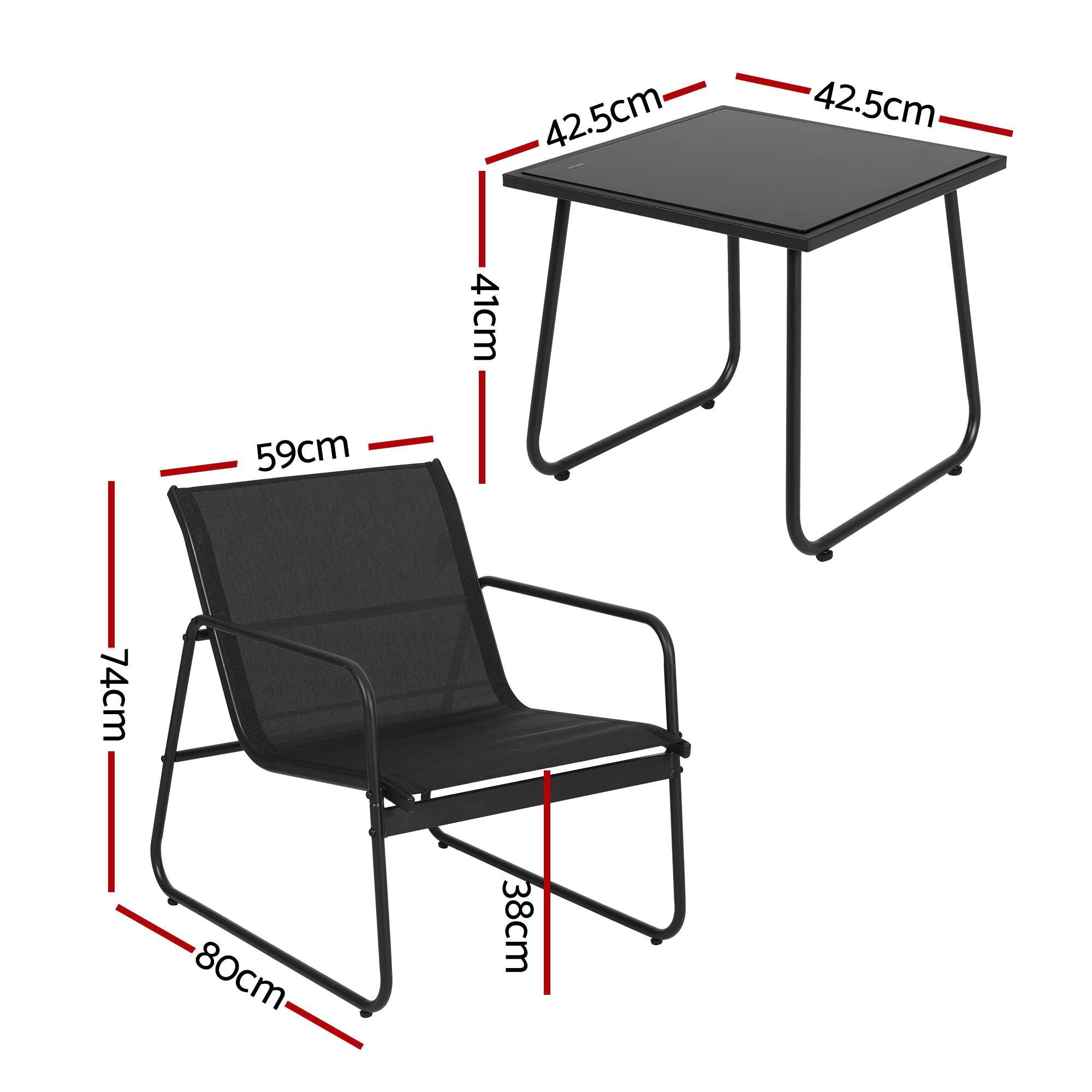 Gardeon Outdoor Bistro Set 3 Piece Patio Furniture with Textilene Chairs and Glass Table - Black