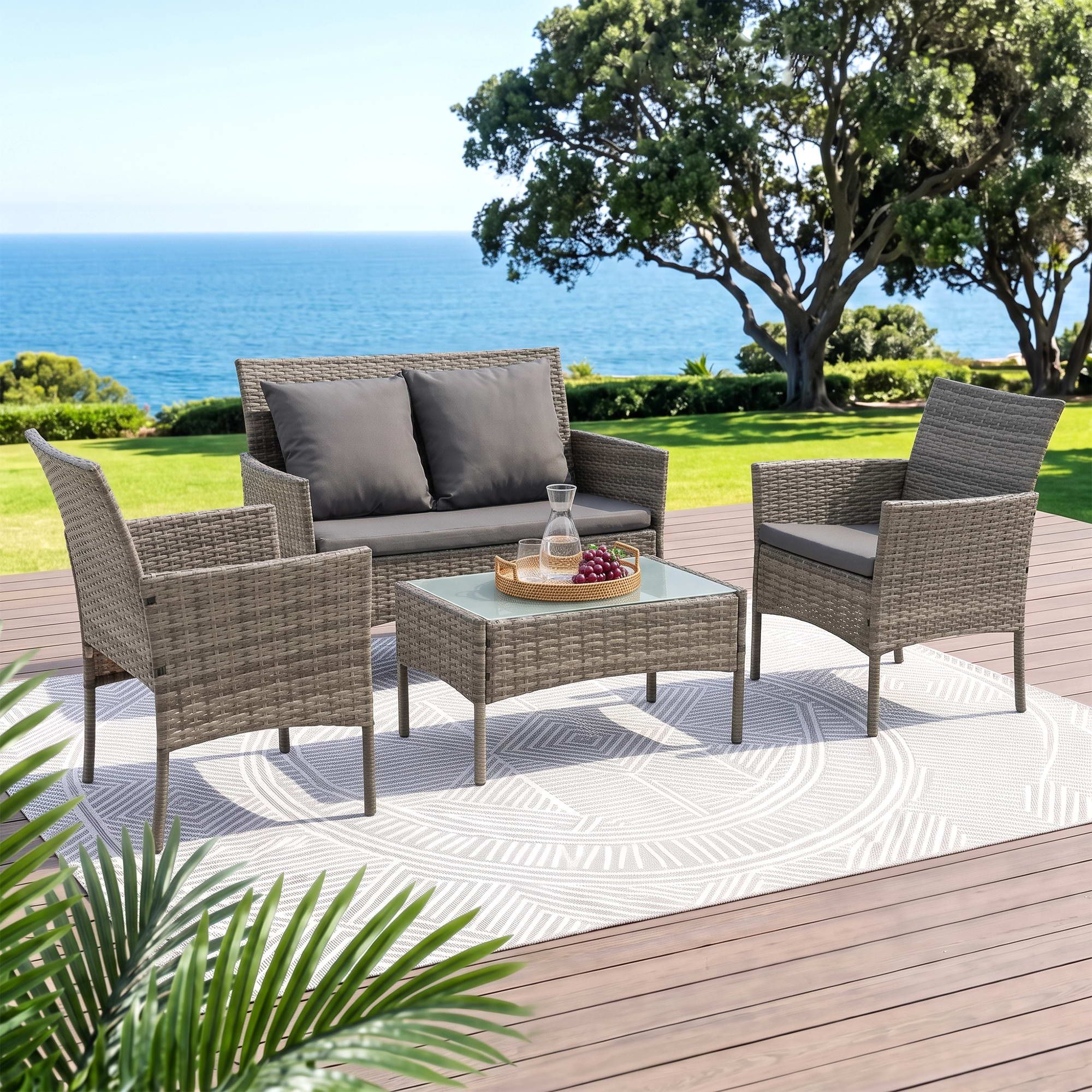 4-Piece Outdoor Sofa Set with Two Pillows and Coffee Table - Grey