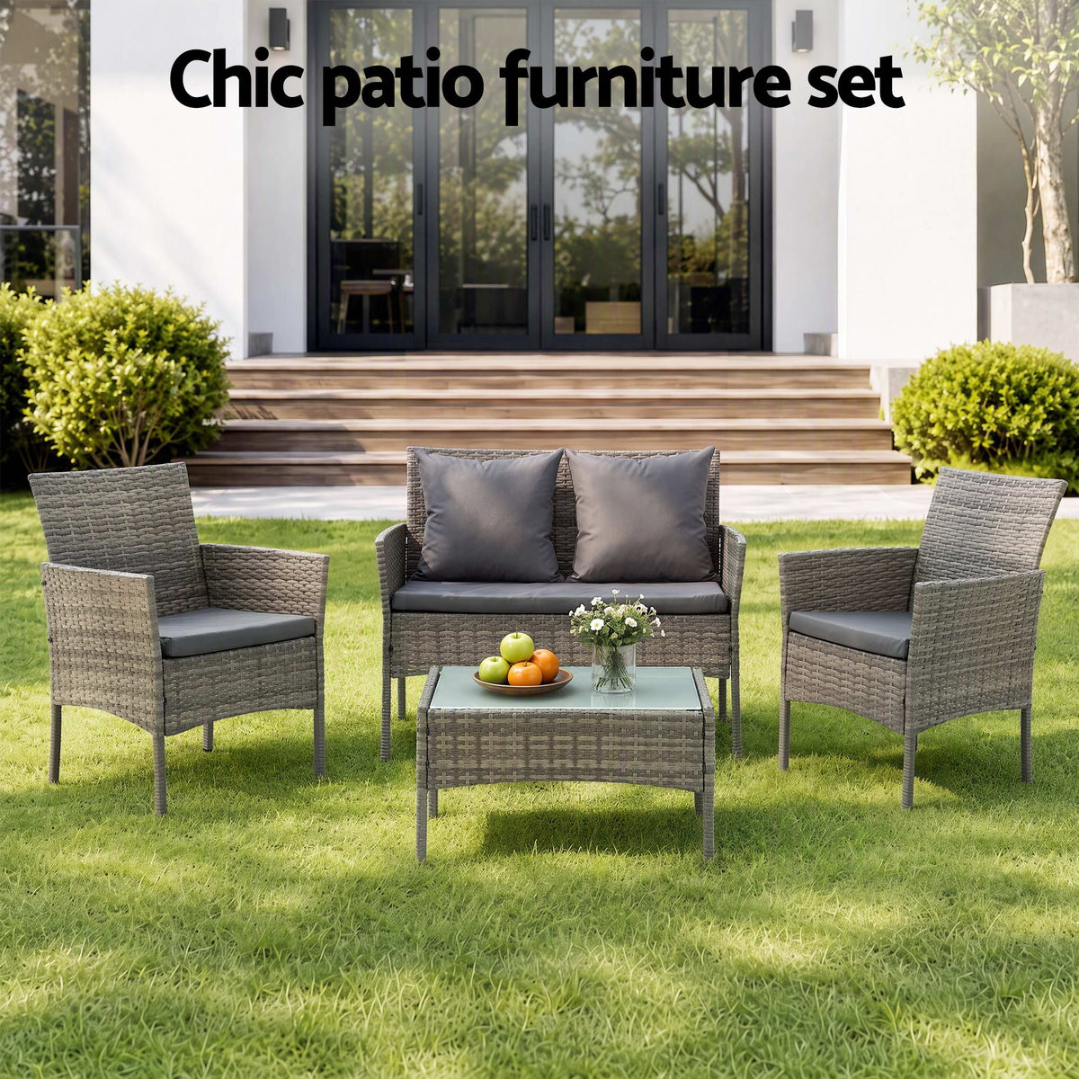 4-Piece Outdoor Sofa Set with Two Pillows and Coffee Table - Grey