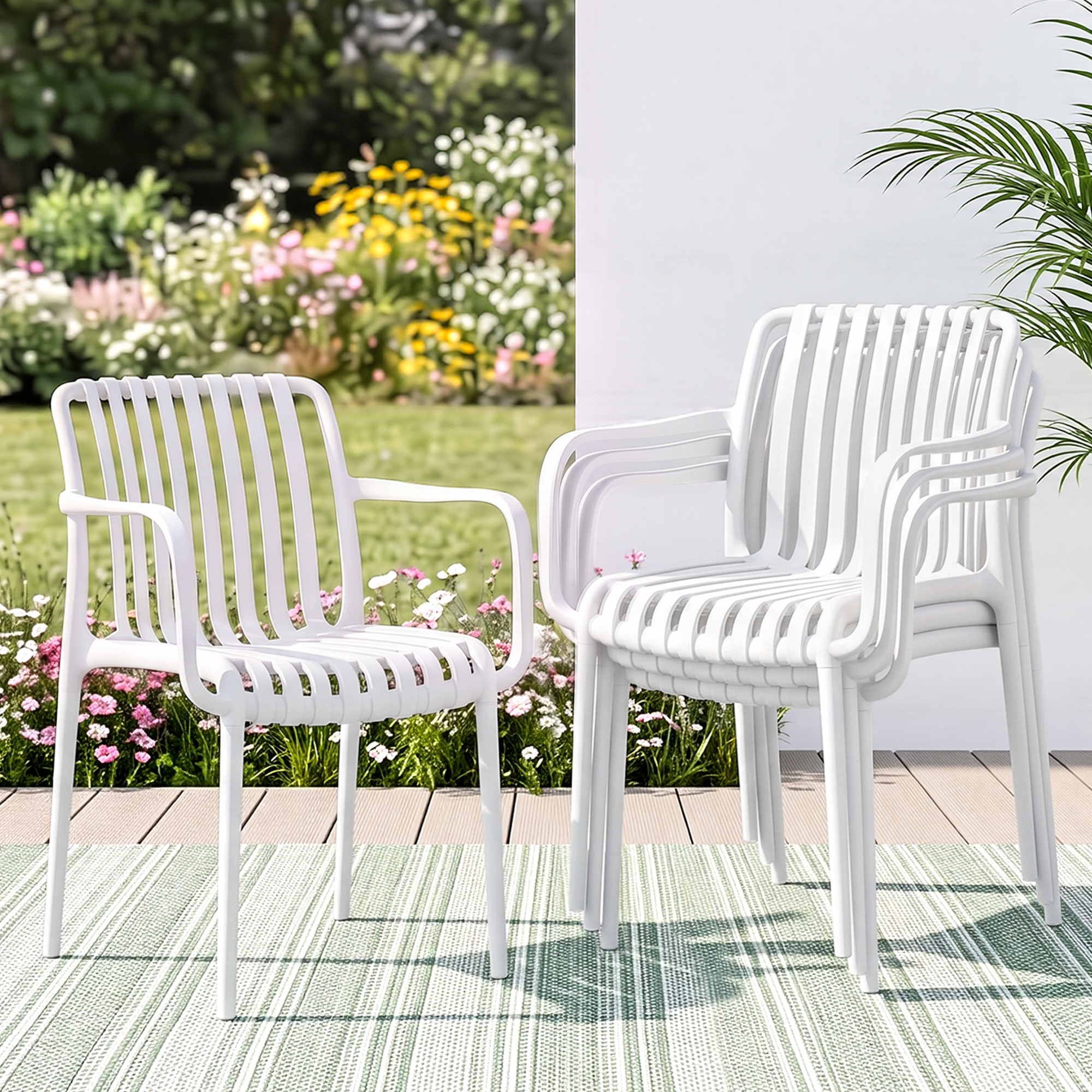 4PC Outdoor Dining Chairs Patio Furniture PP Stackable Chair Garden White