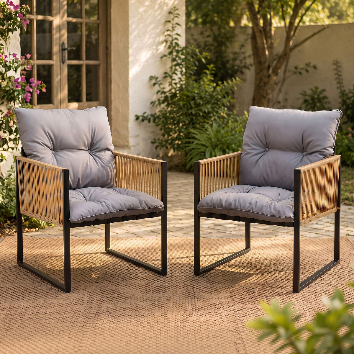 Outdoor Dining Chair with Cushion and Wicker Armrest - Black