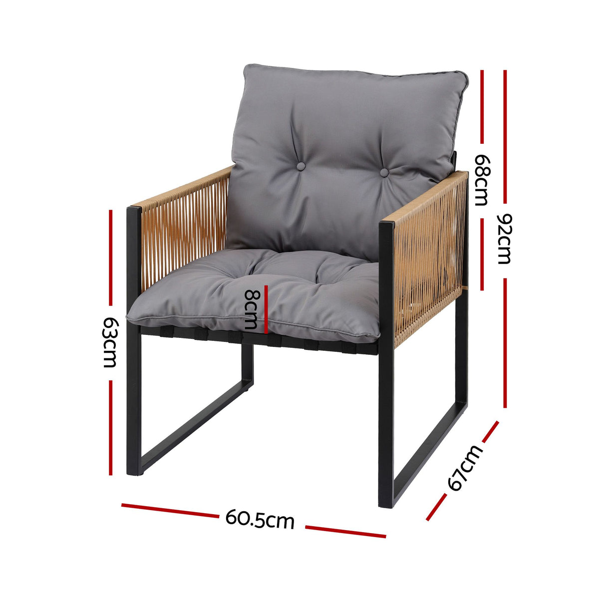 Outdoor Dining Chair with Cushion and Wicker Armrest - Black