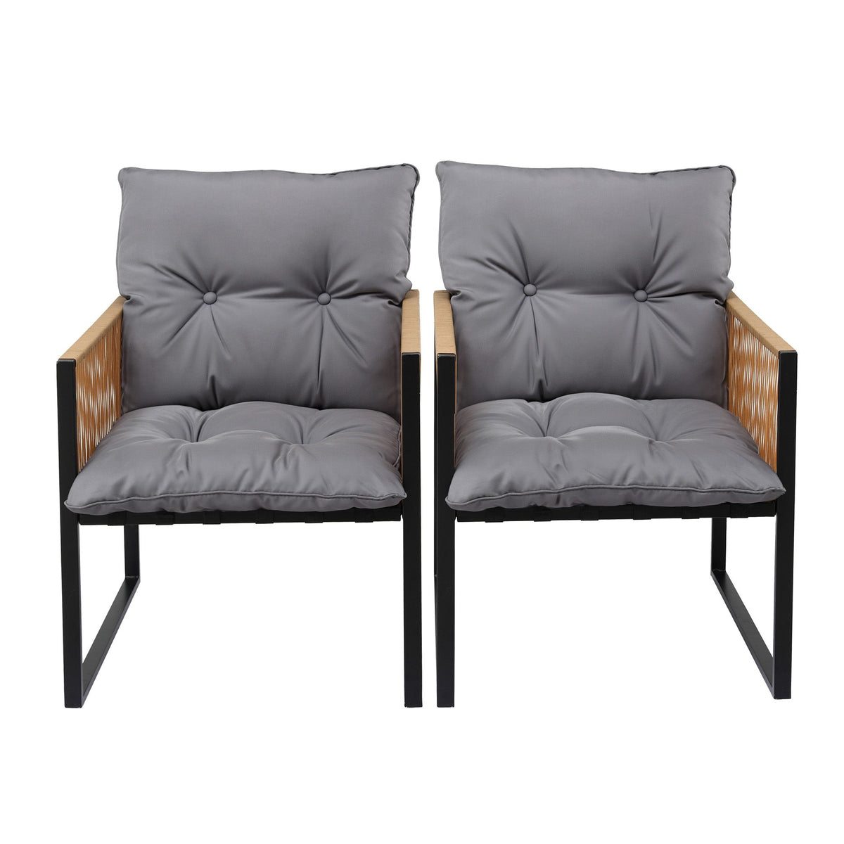 Outdoor Dining Chair with Cushion and Wicker Armrest - Black