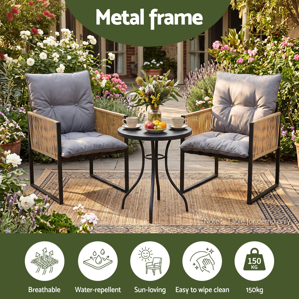 Outdoor Dining Chair with Cushion and Wicker Armrest - Black