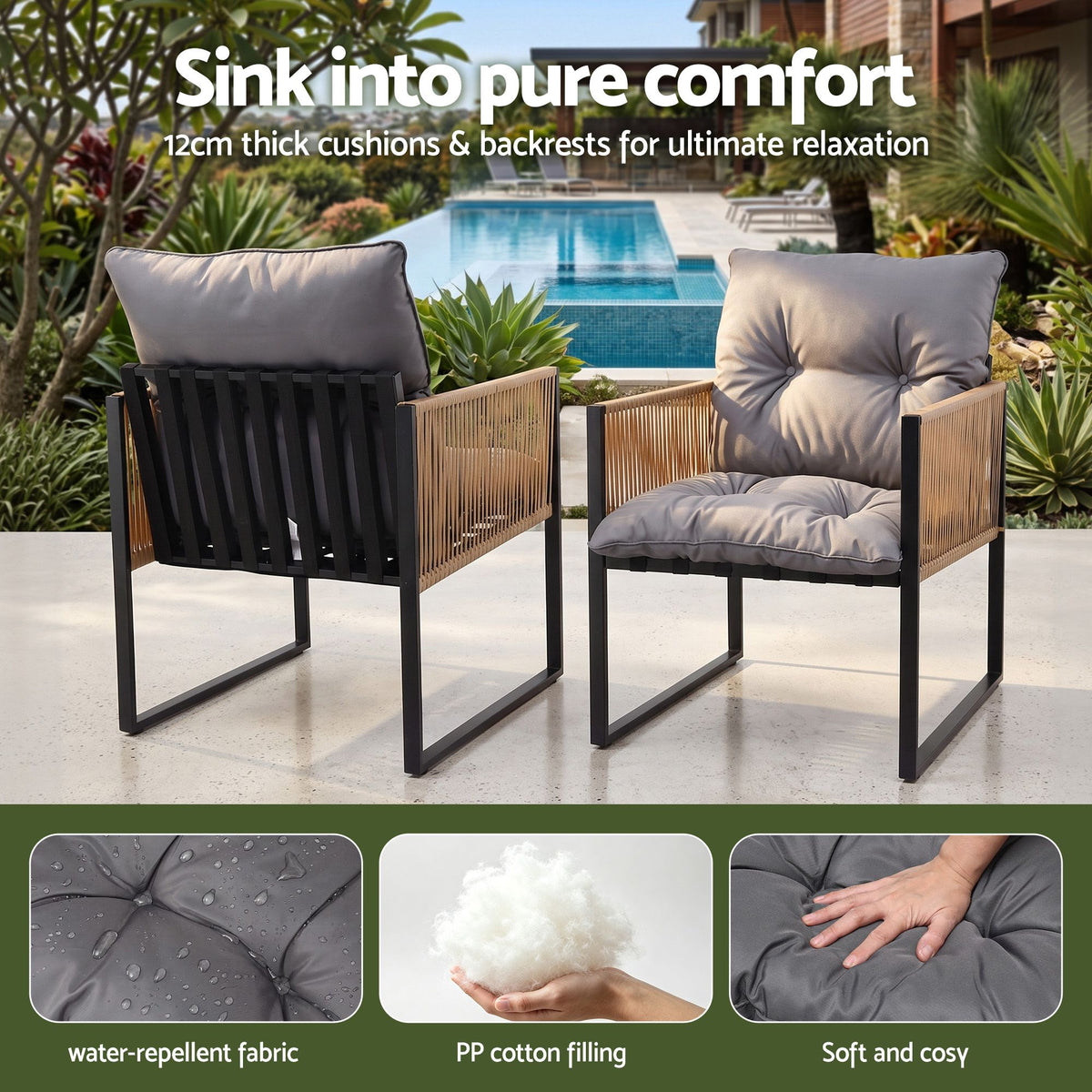 Outdoor Dining Chair with Cushion and Wicker Armrest - Black