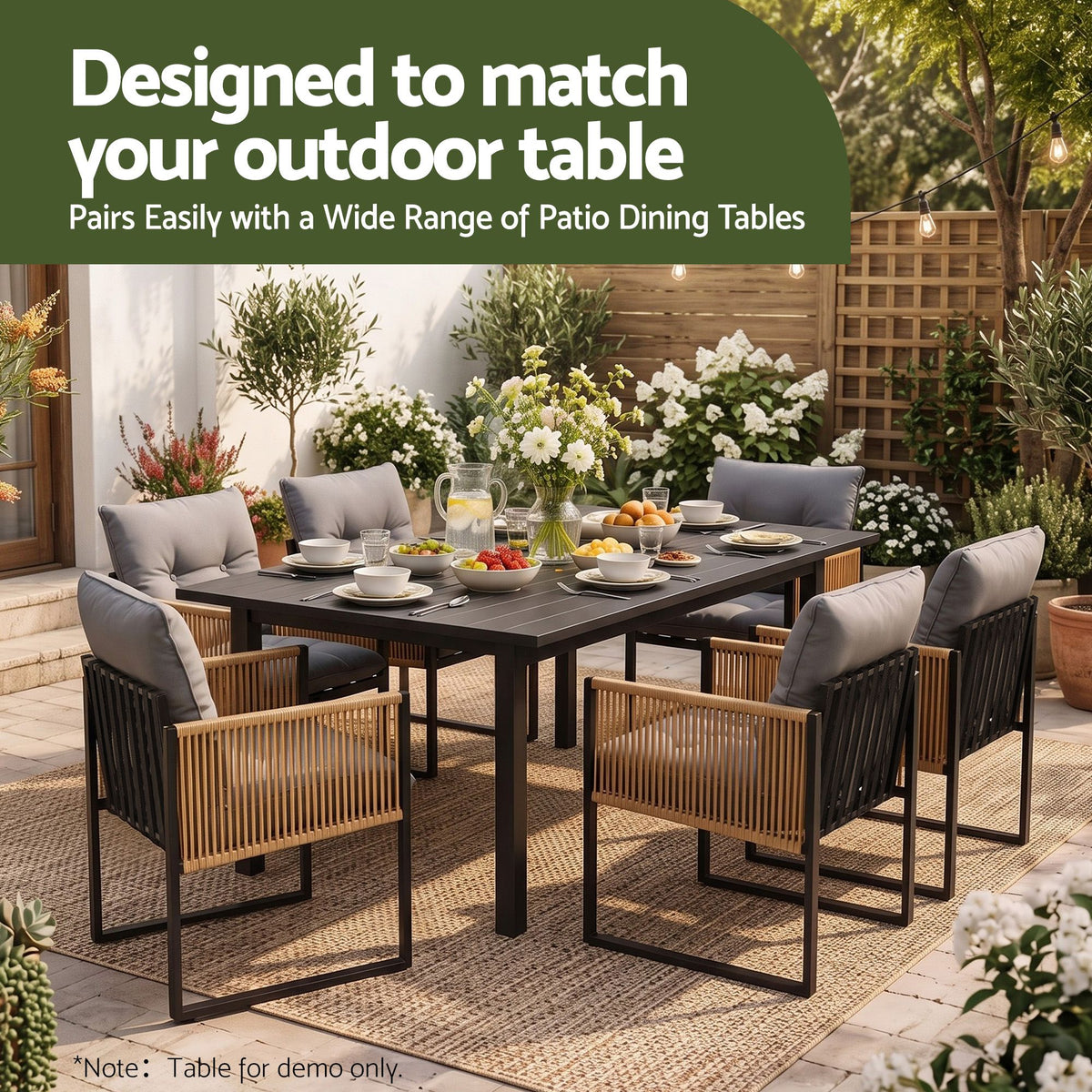 Outdoor Dining Chair with Cushion and Wicker Armrest - Black