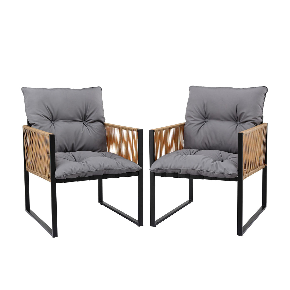 Outdoor Dining Chair with Cushion and Wicker Armrest - Black