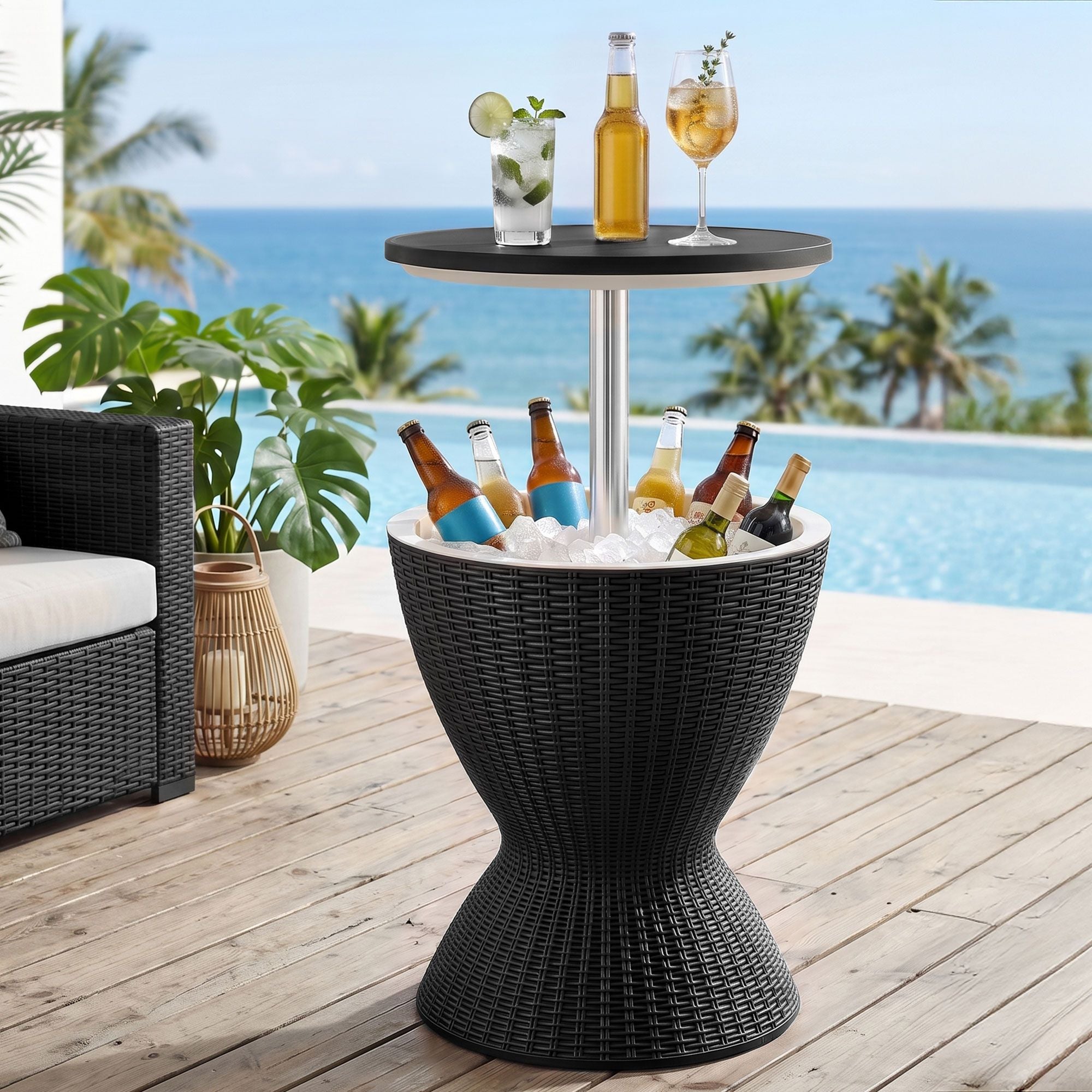 3-in-1 Cooler Bar Table with 30L Ice Bucket and Adjustable Top - Black