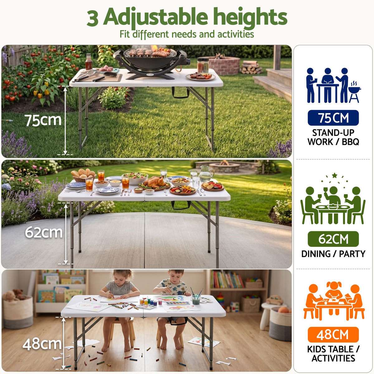 5-Piece Outdoor Folding Dining Set with Adjustable Height Table and Chairs - White